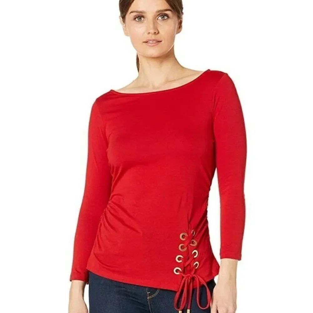 NWT Michael Michael Kors Red 3/4 Quarter Sleeve Side Tie Lace Up Top